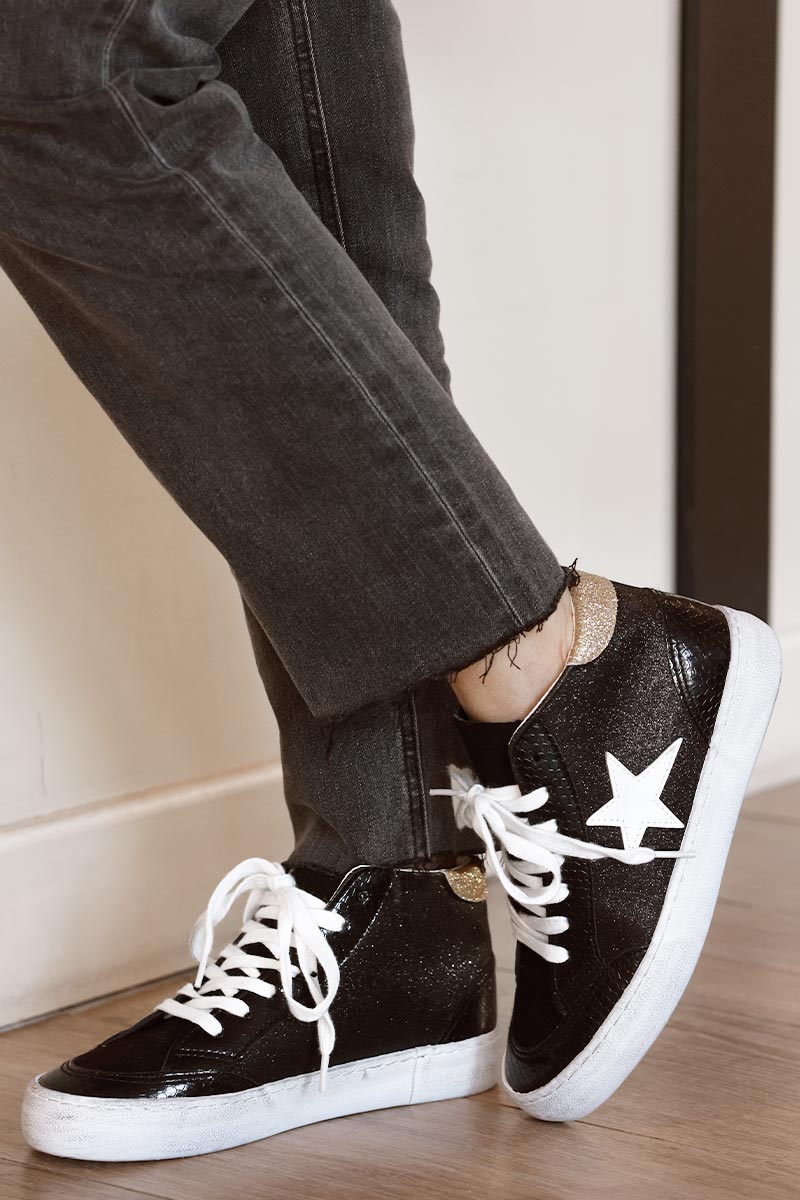 Black Sparkle Star Sueded High Top Sneakers