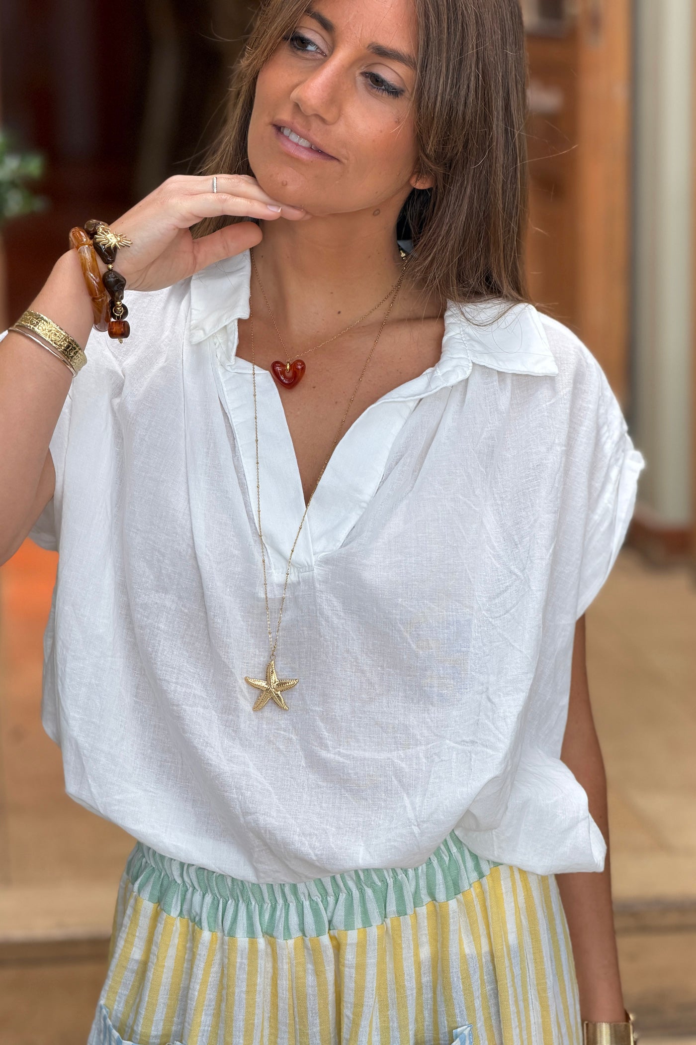 Blouse blanche en voile de coton large col chemise en v manches courtes