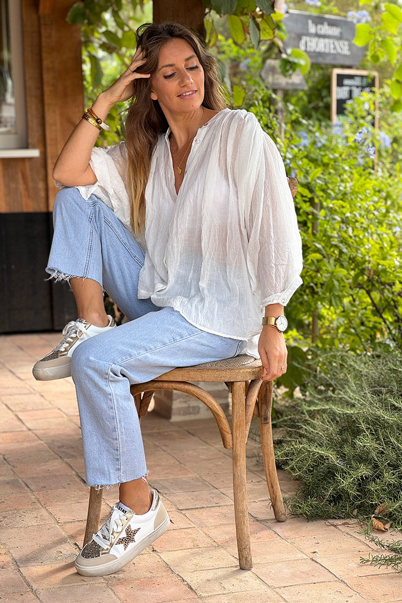White Lightweight Cotton Peasant Blouse