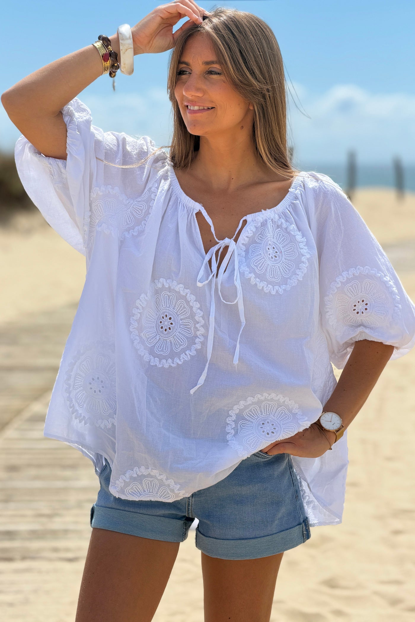 White Eyelet Peasant Top
