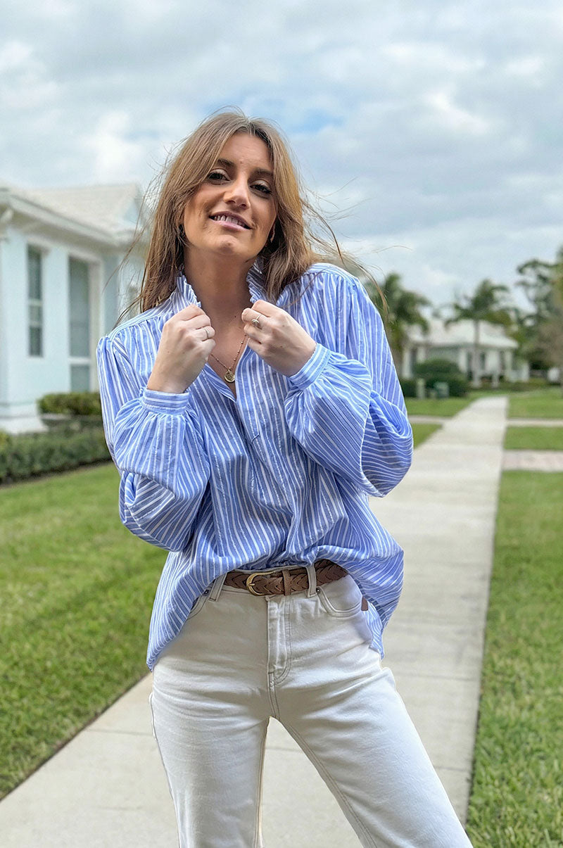 Blue Cotton Poplin Pinstripe Blouse