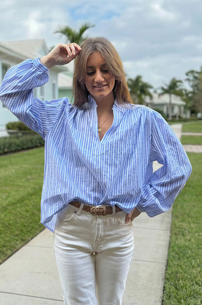 Blue Cotton Poplin Pinstripe Blouse