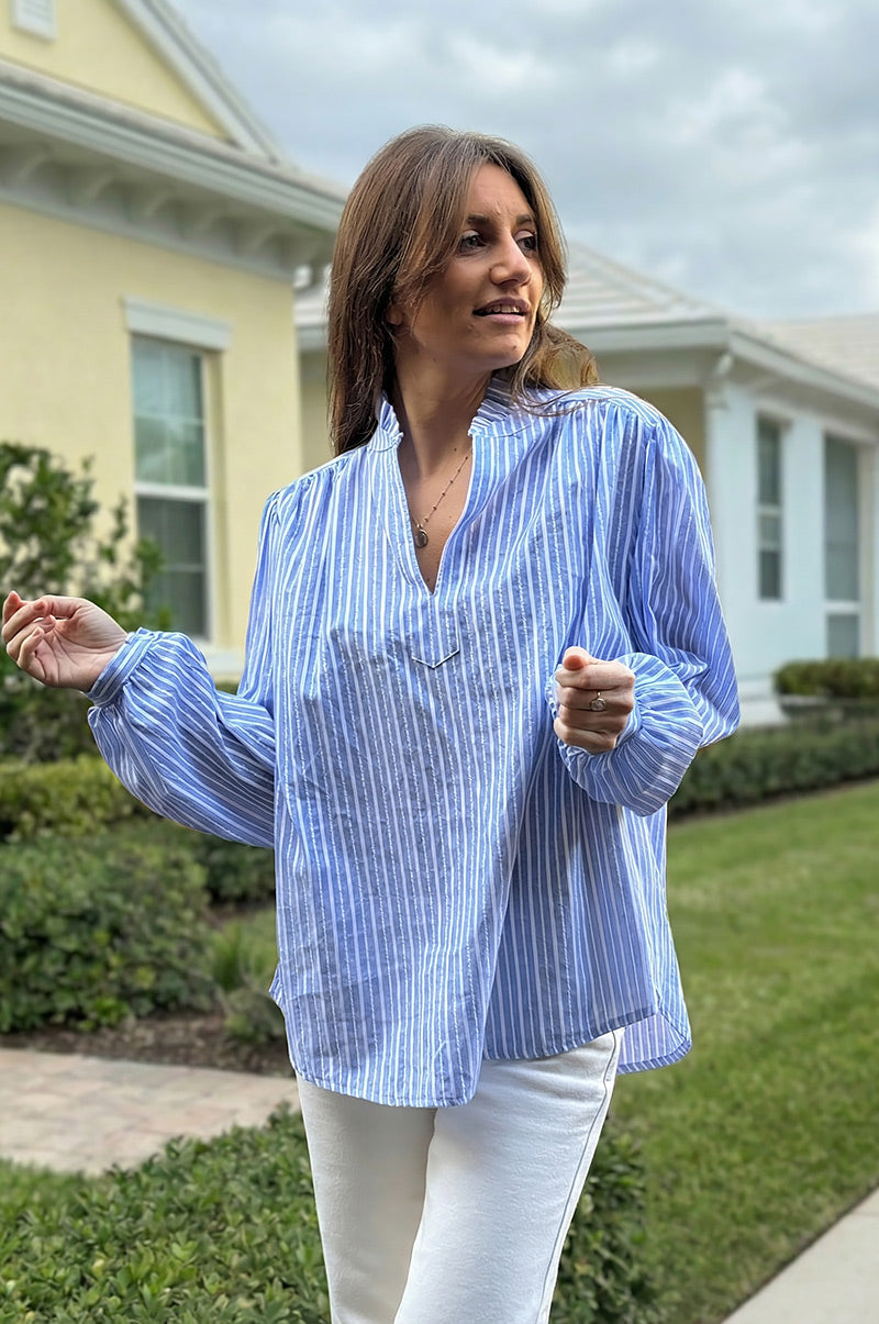 Blue Cotton Poplin Pinstripe Blouse