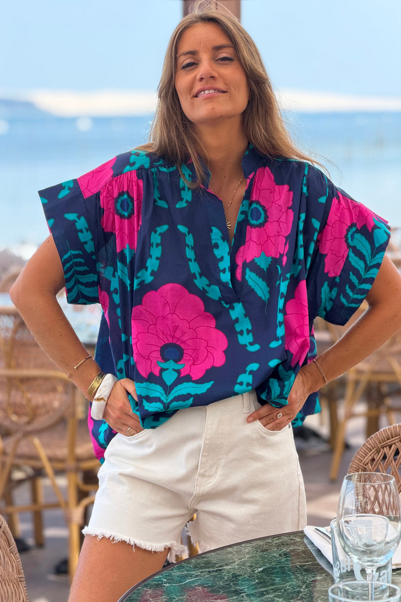 Navy Tropical Floral Dolman Blouse