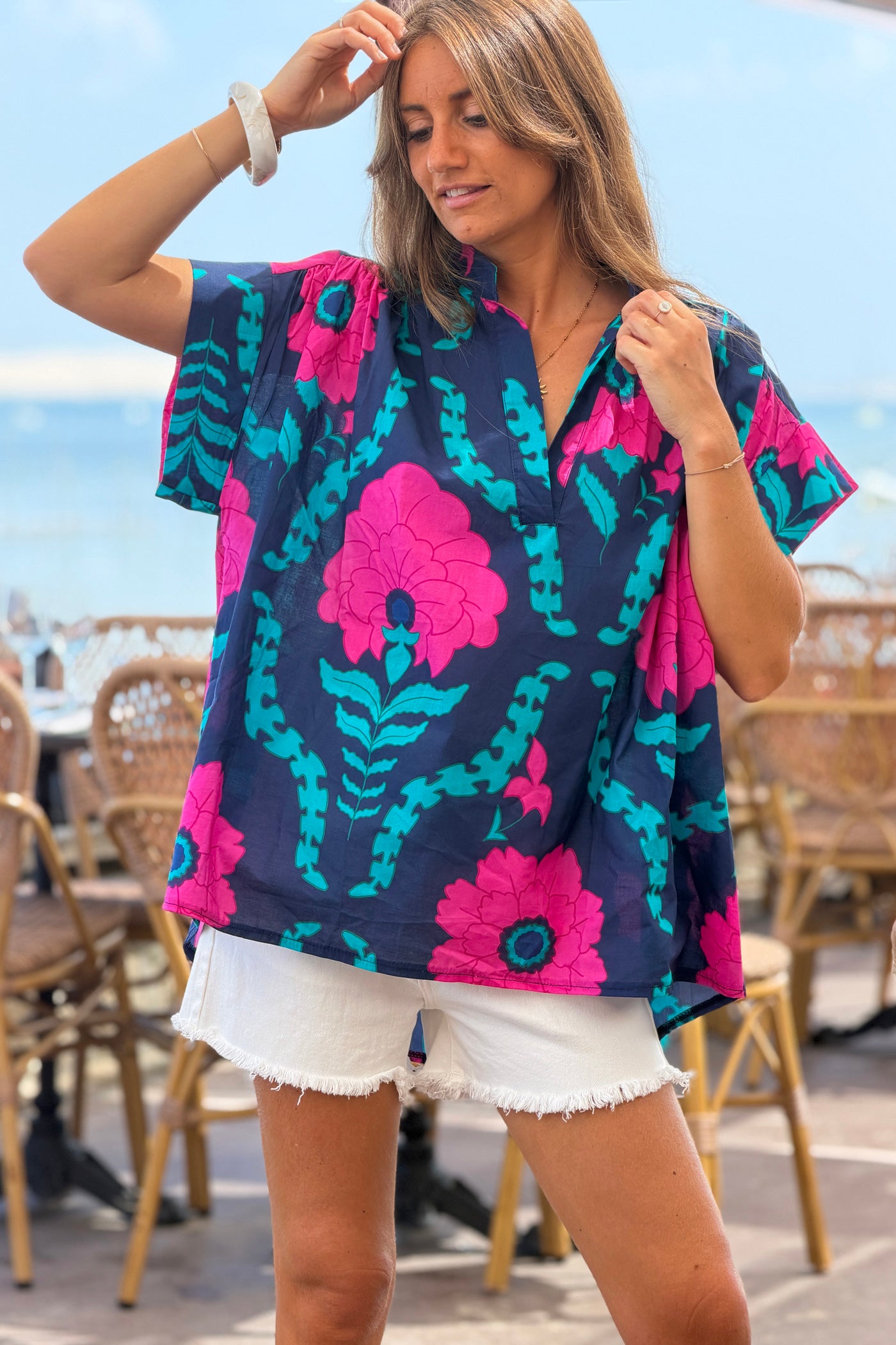 Navy Tropical Floral Dolman Blouse