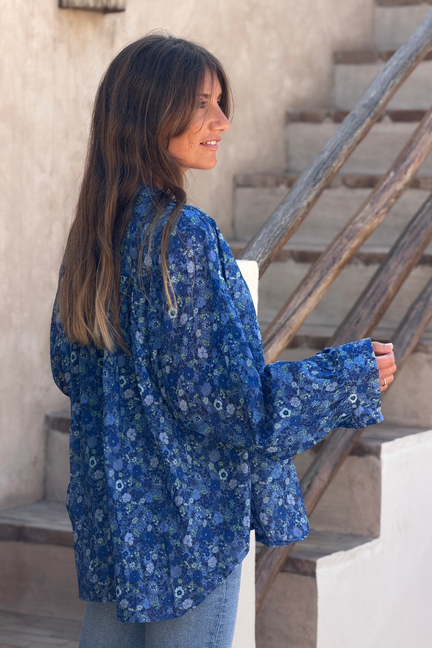 Cobalt Floral Explosion Ruffled Peasant Blouse