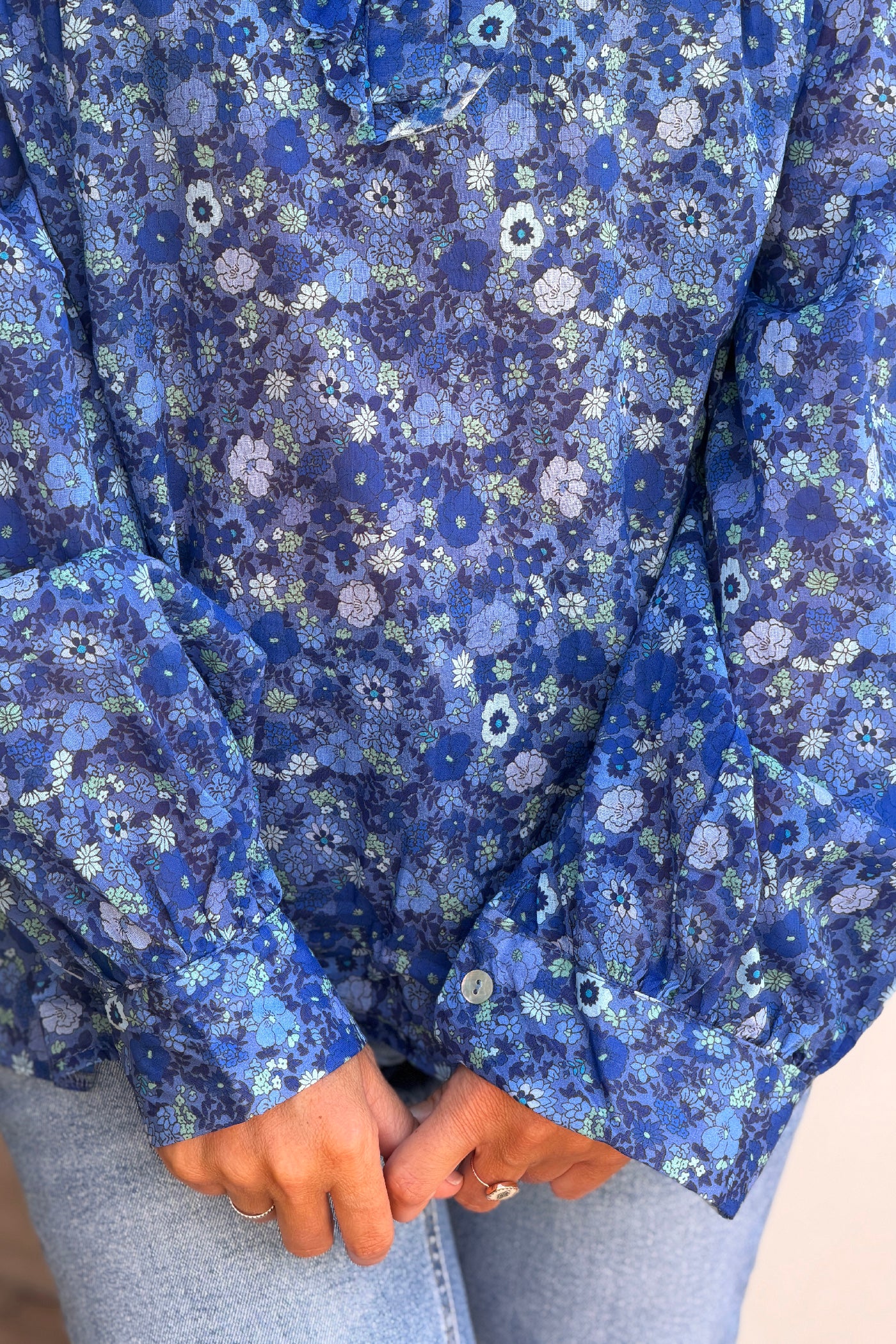 Cobalt Floral Explosion Ruffled Peasant Blouse