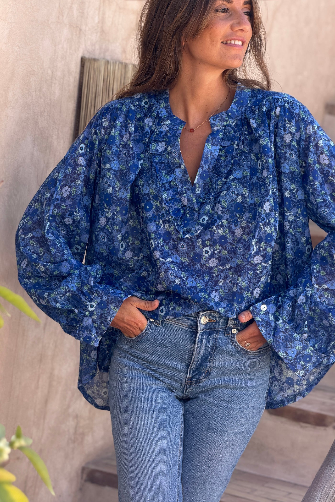 Cobalt Floral Explosion Ruffled Peasant Blouse