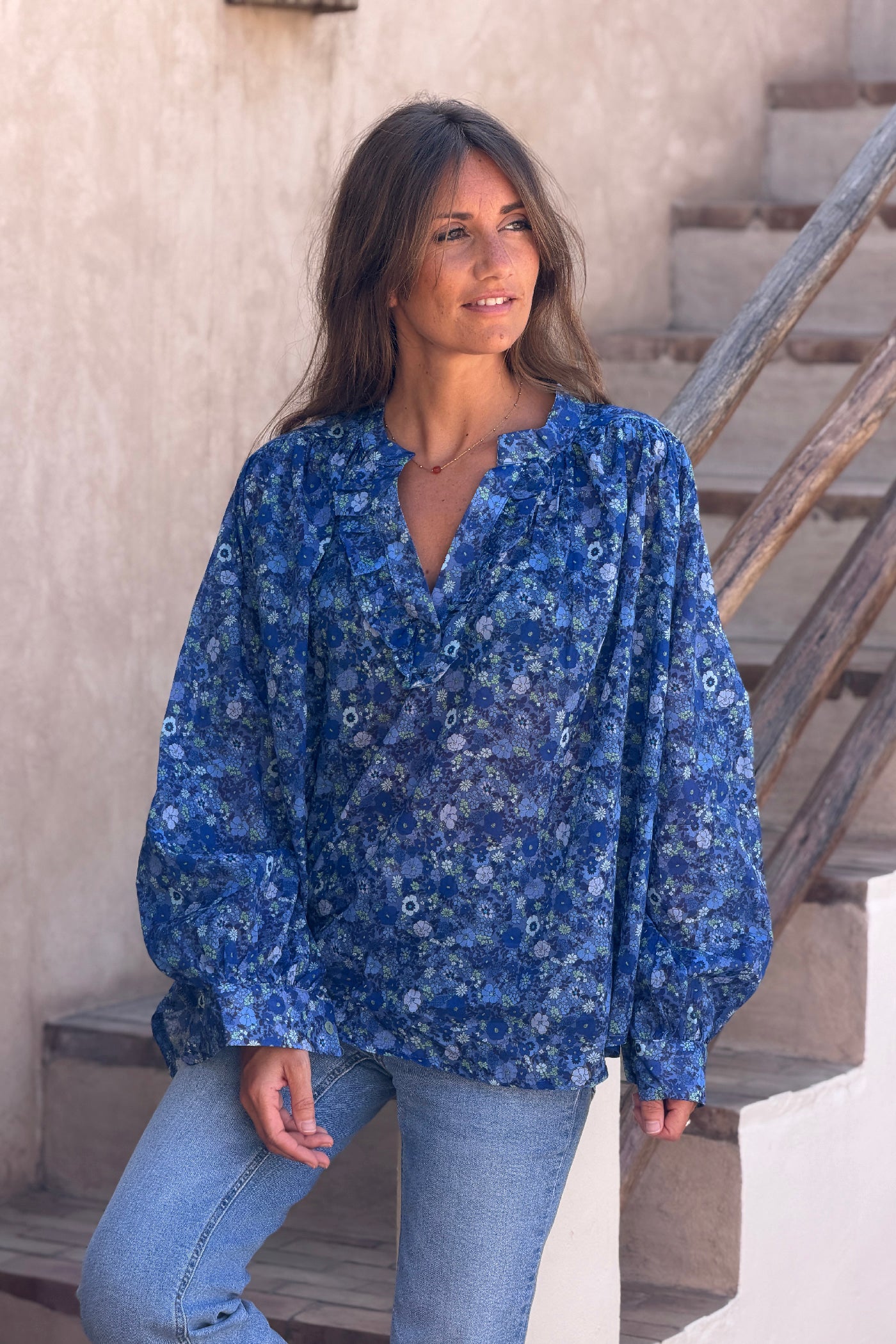 Cobalt Floral Explosion Ruffled Peasant Blouse