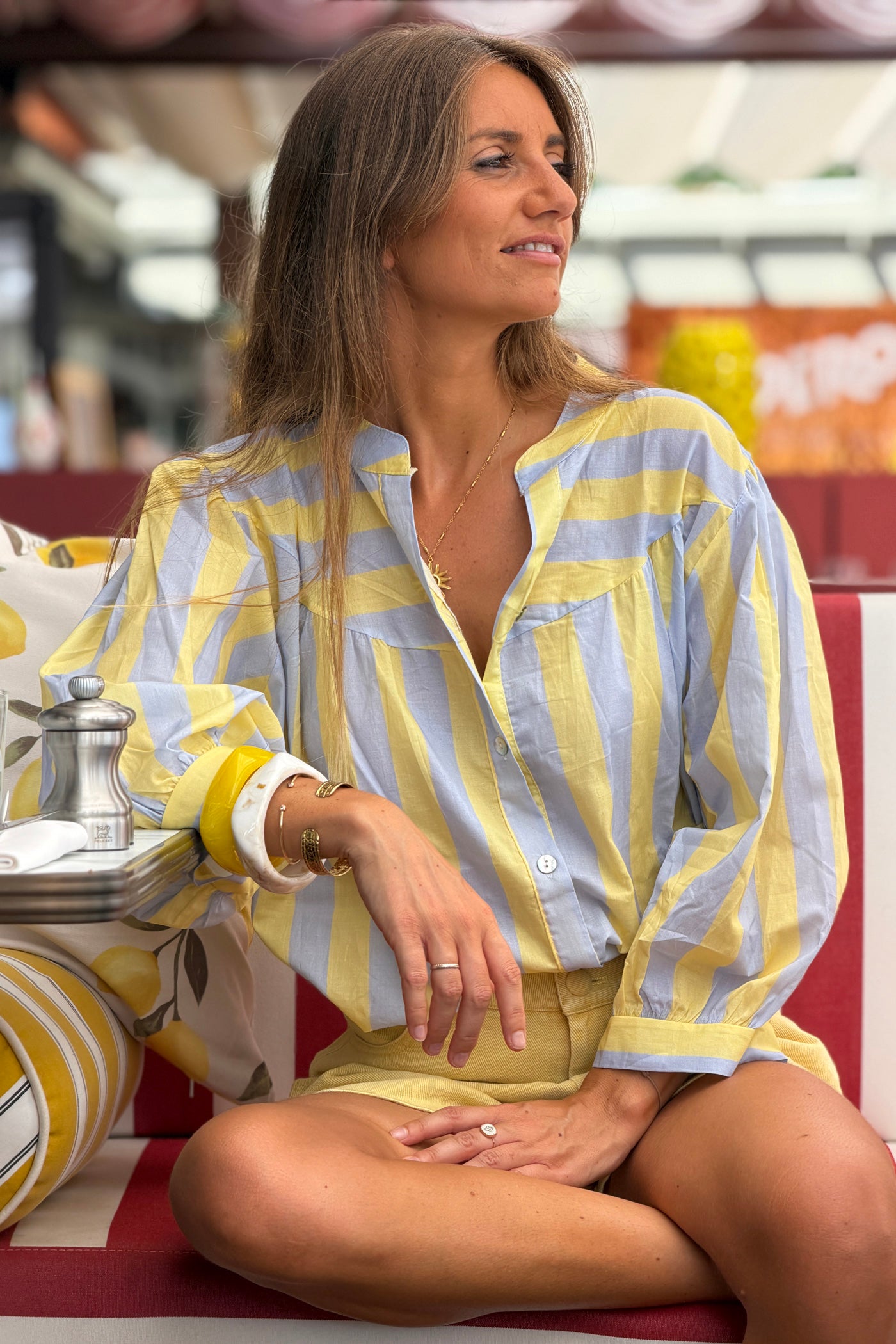 Blue Striped Yoke Front Blouson Top