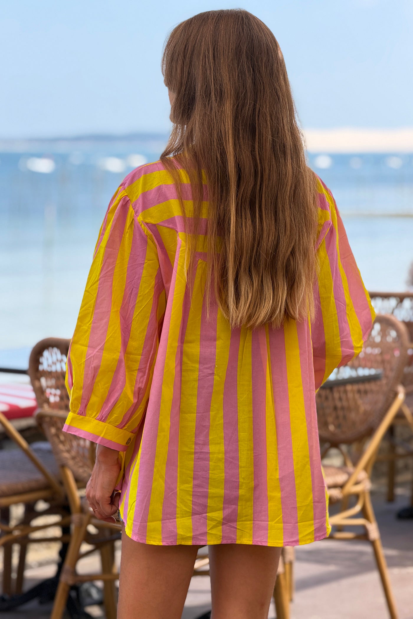 Yellow Striped Yoke Front Blouson Top
