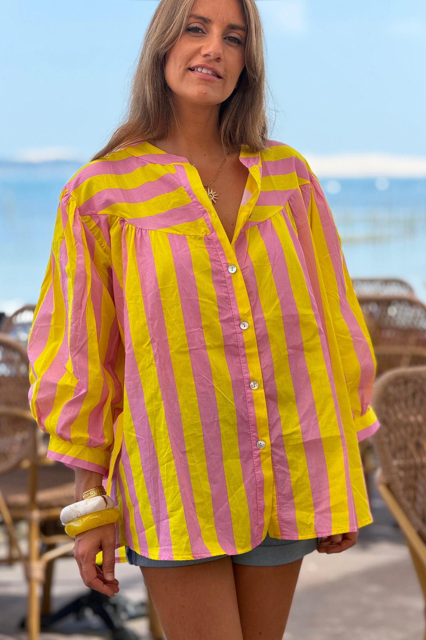 Yellow Striped Yoke Front Blouson Top
