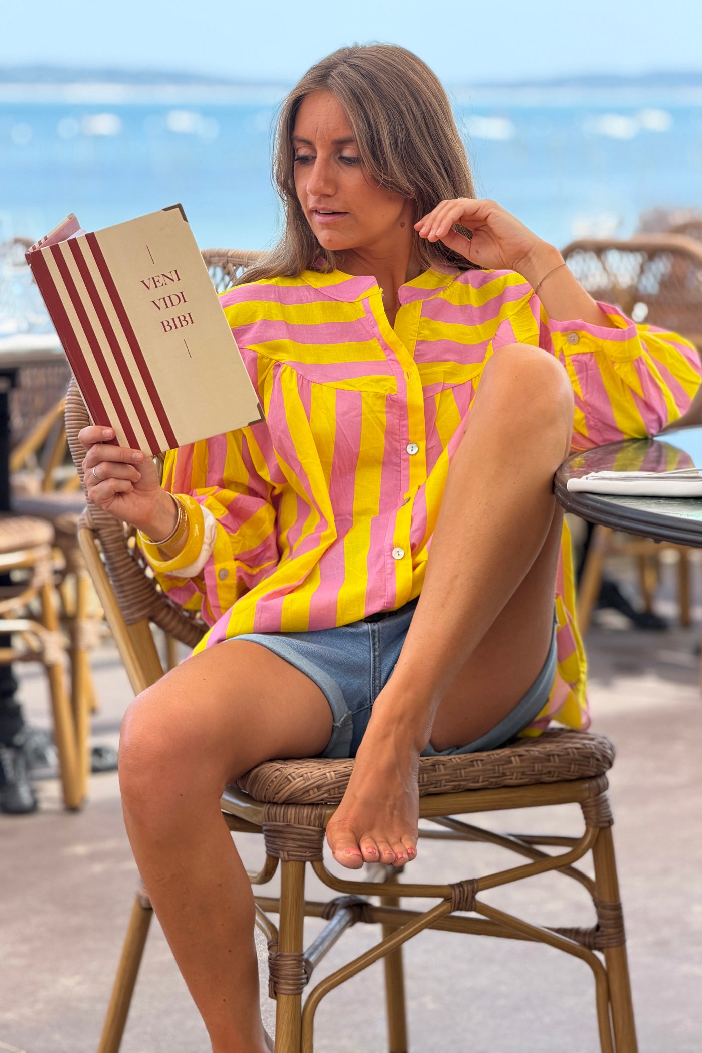 Yellow Striped Yoke Front Blouson Top
