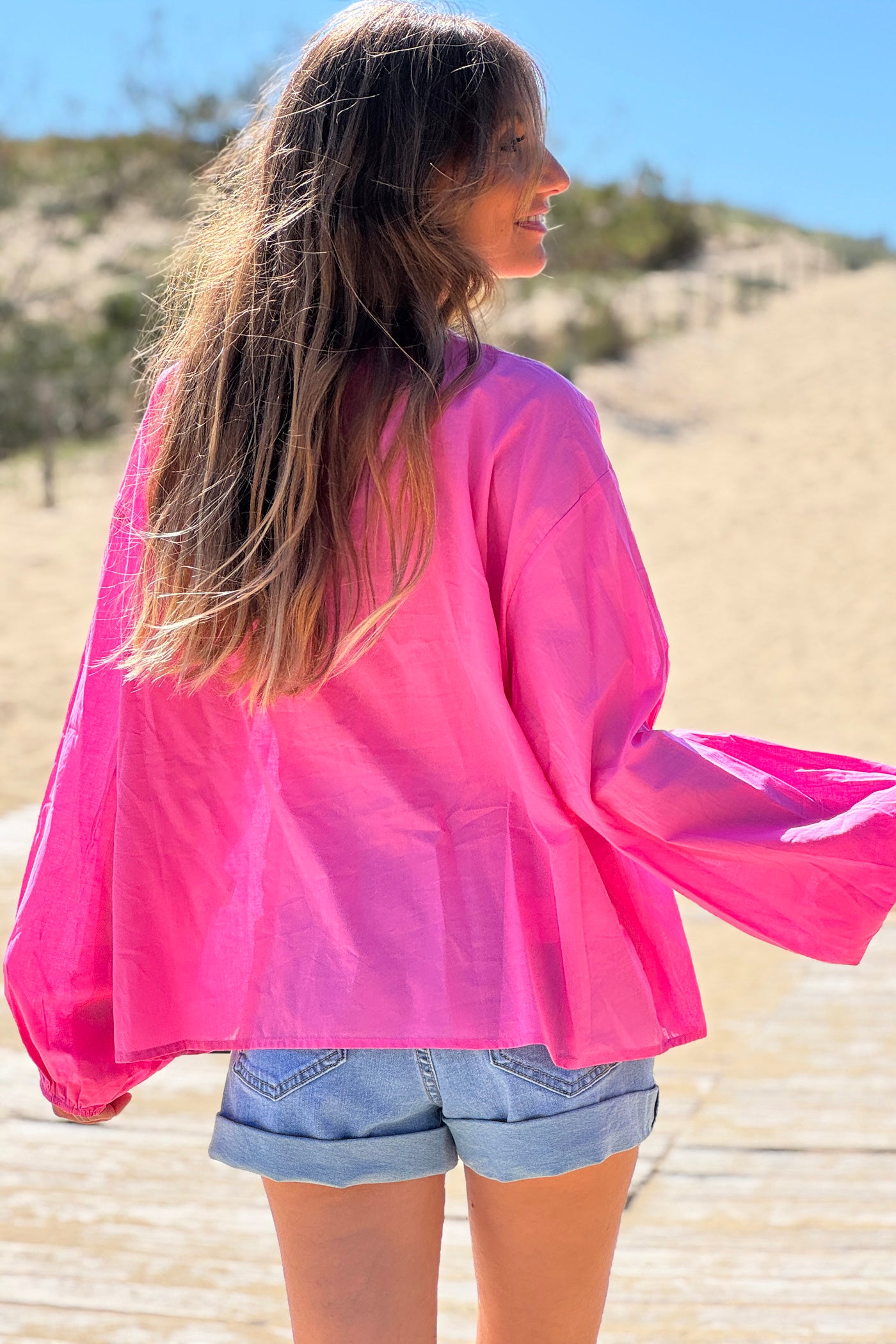Hot Pink Embroidered Peasant Top
