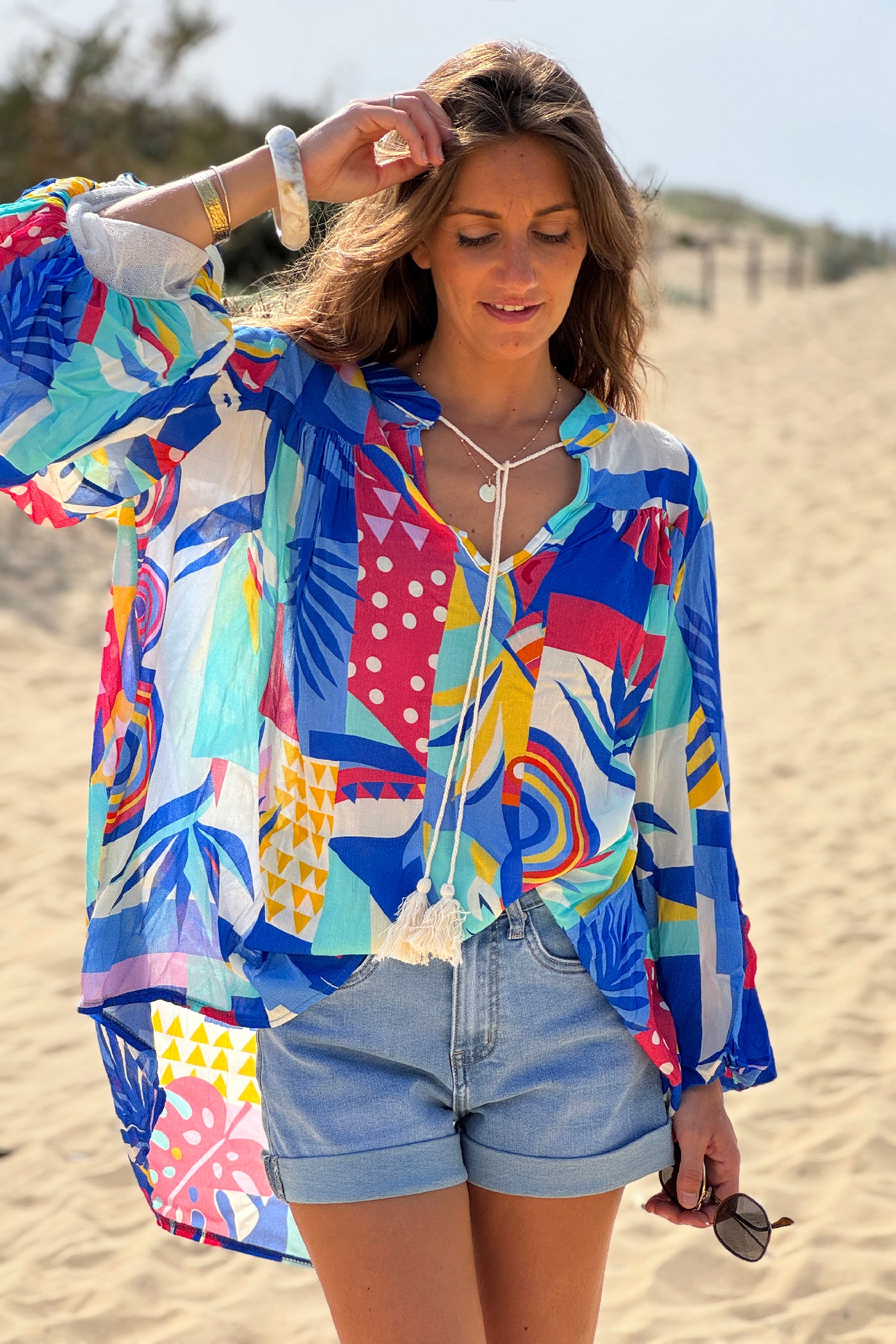 Royal Blue Tropicalia Ruffled Modern Art Blouse
