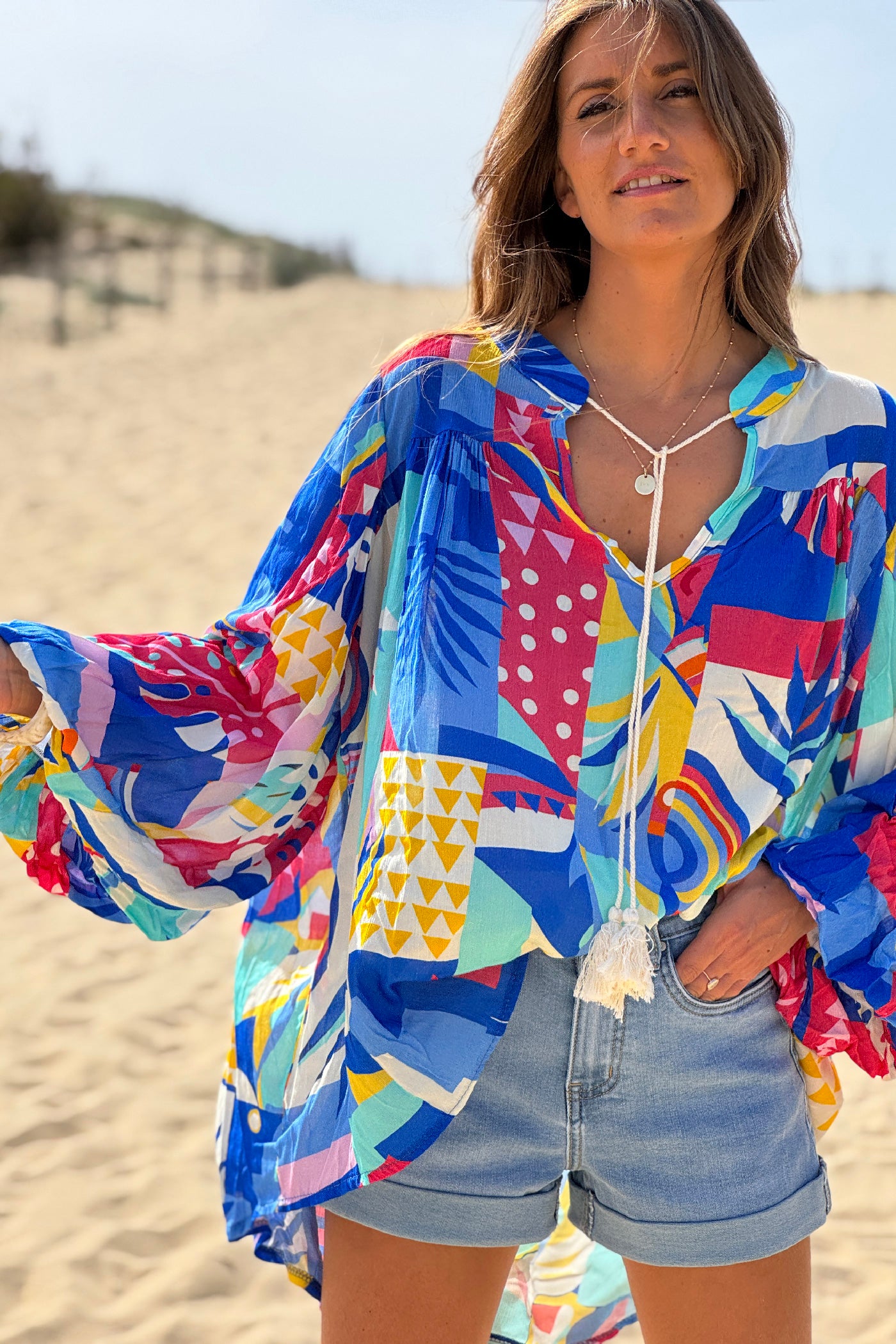 Royal Blue Tropicalia Ruffled Modern Art Blouse

