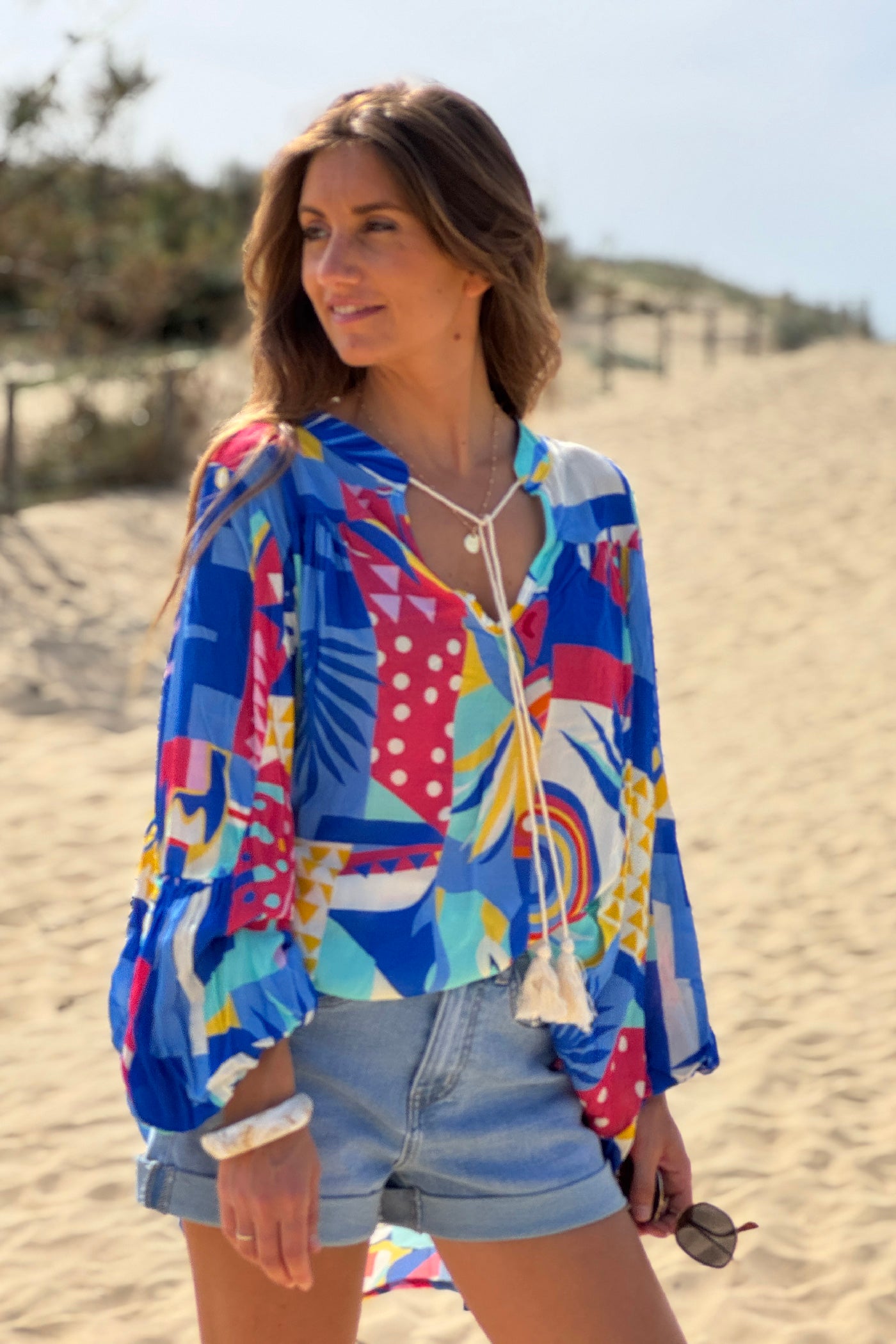 Royal Blue Tropicalia Ruffled Modern Art Blouse
