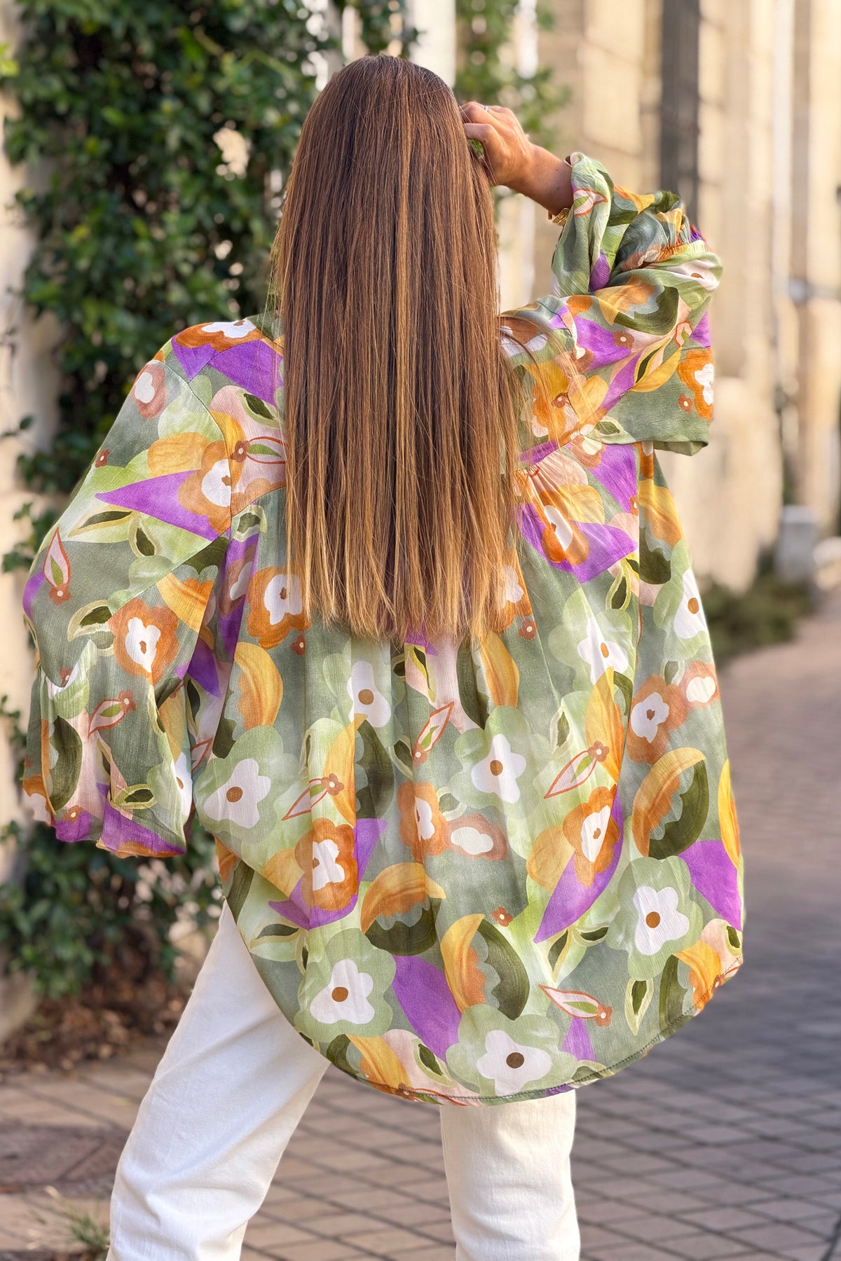 Olive Floral Art Blouson Top