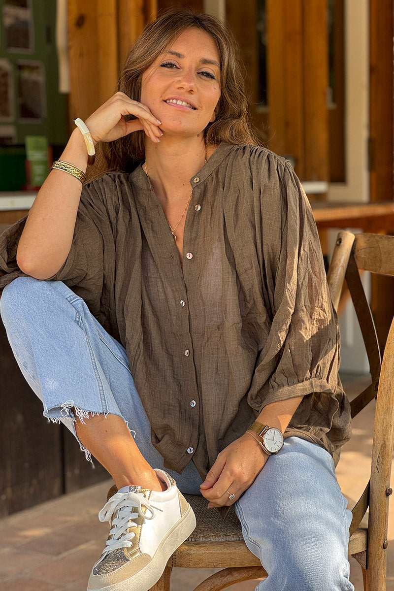 Olive Lightweight Cotton Peasant Blouse