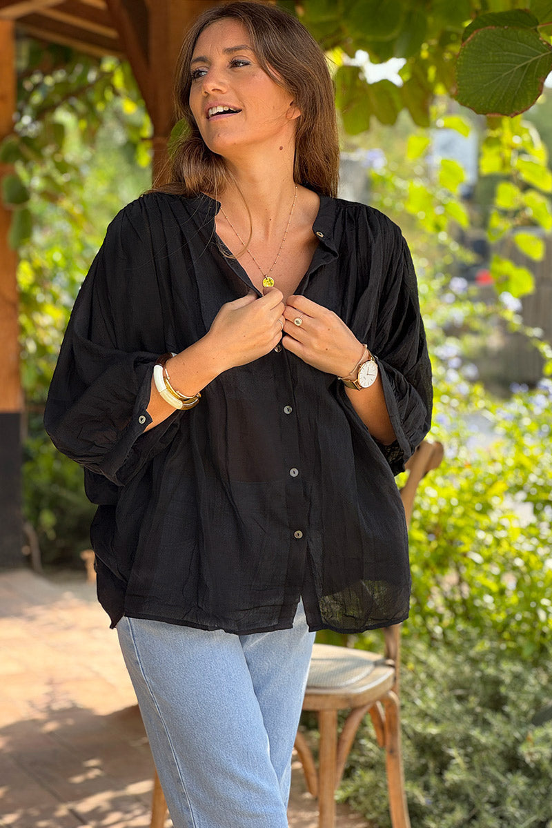 Black Lightweight Cotton Peasant Blouse