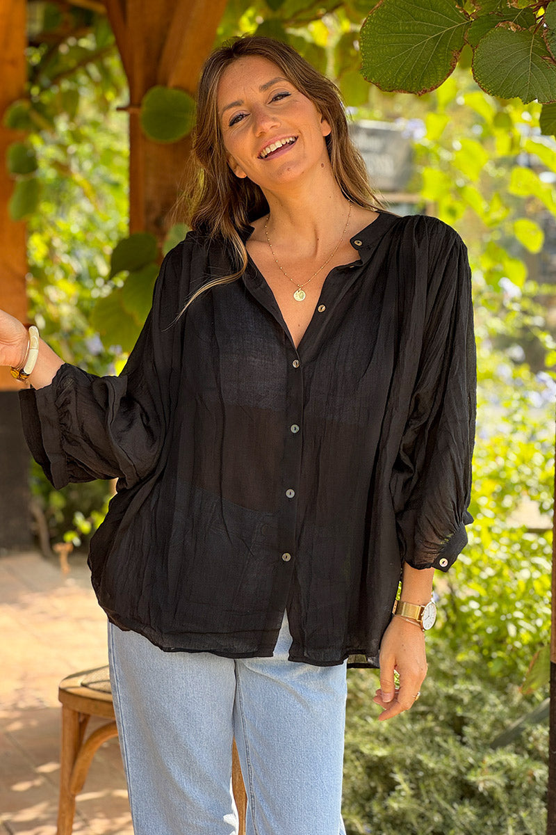 Black Lightweight Cotton Peasant Blouse