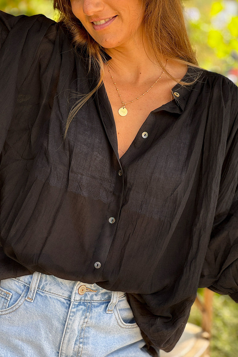 Black Lightweight Cotton Peasant Blouse