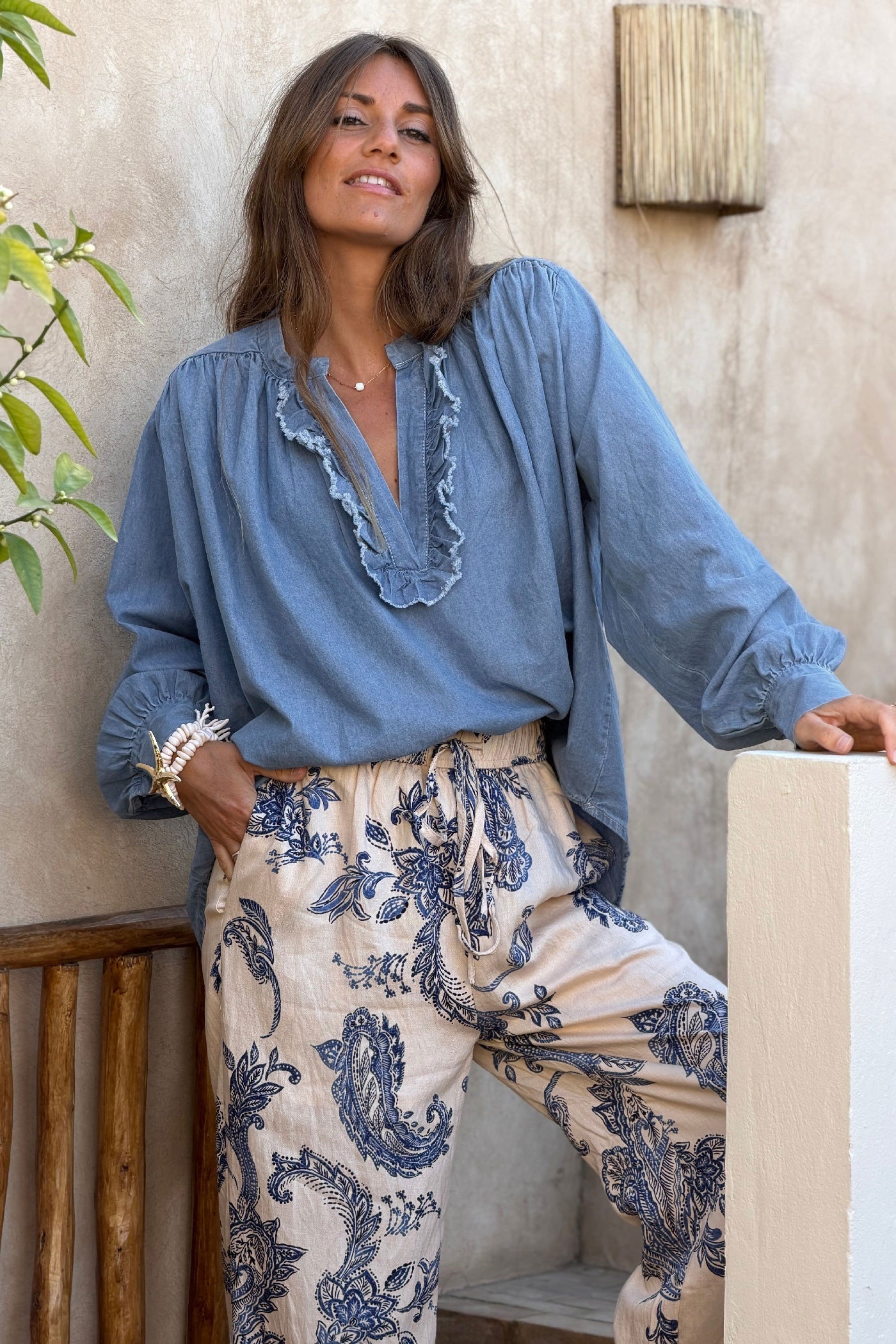 Chambray Romantic Ruffles Denim Peasant Blouse