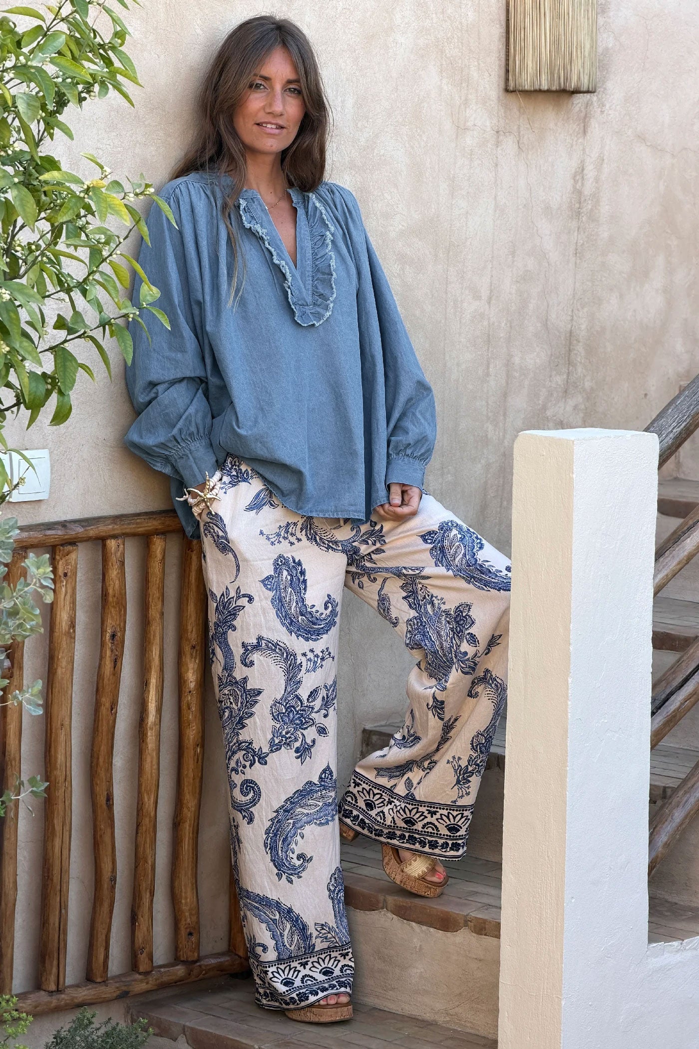 Chambray Romantic Ruffles Denim Peasant Blouse