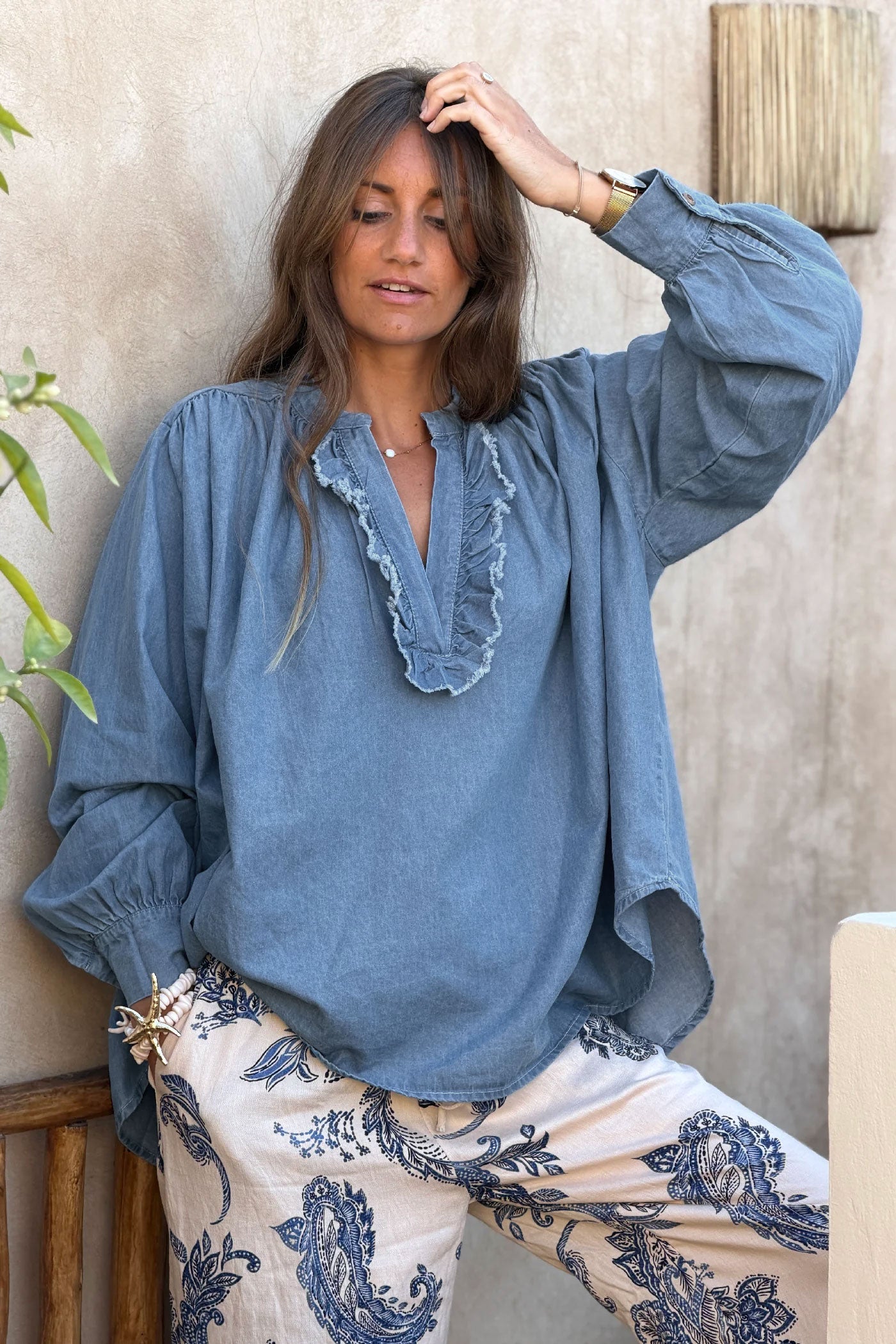 Chambray Romantic Ruffles Denim Peasant Blouse