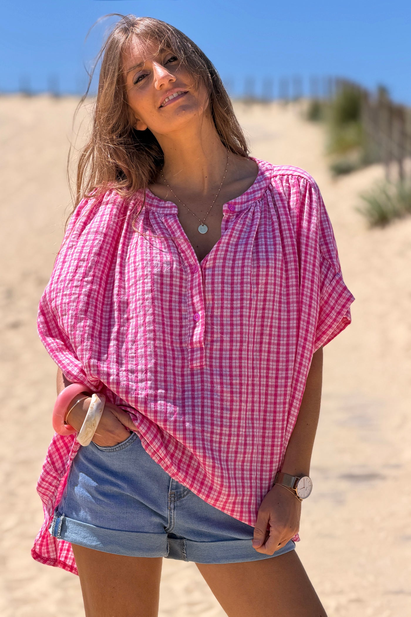 Pink Gingham Flowy Tunic
