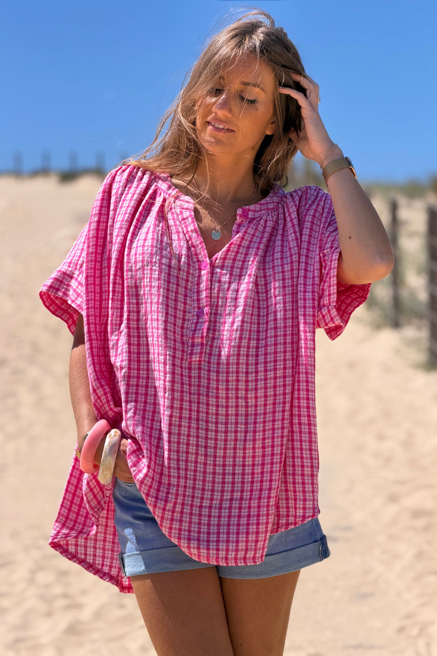 Pink Gingham Flowy Tunic
