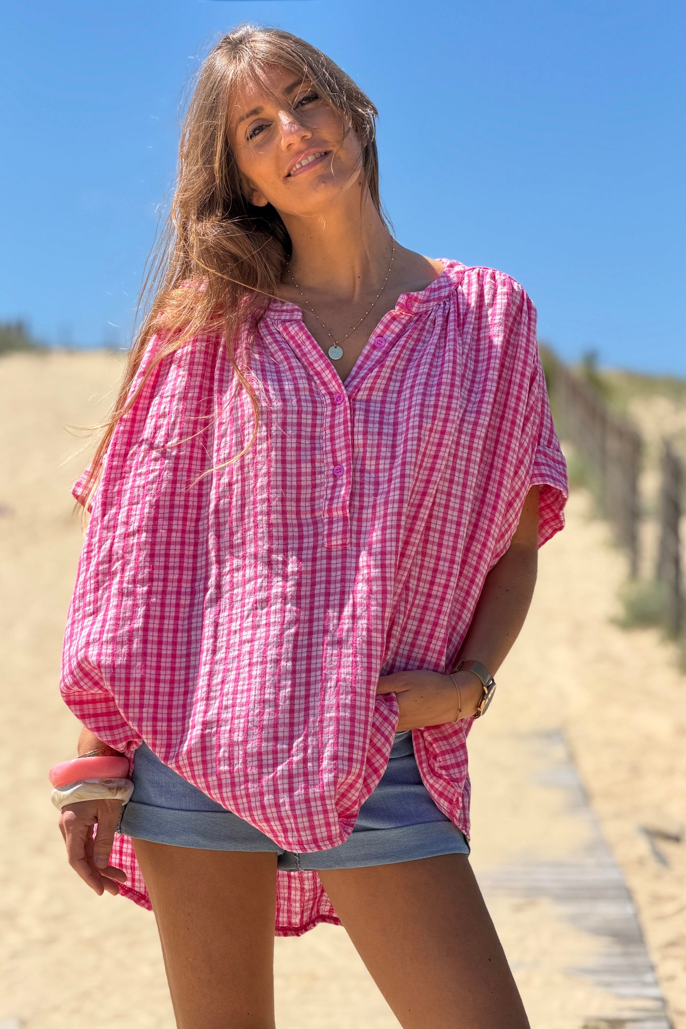 Pink Gingham Flowy Tunic
