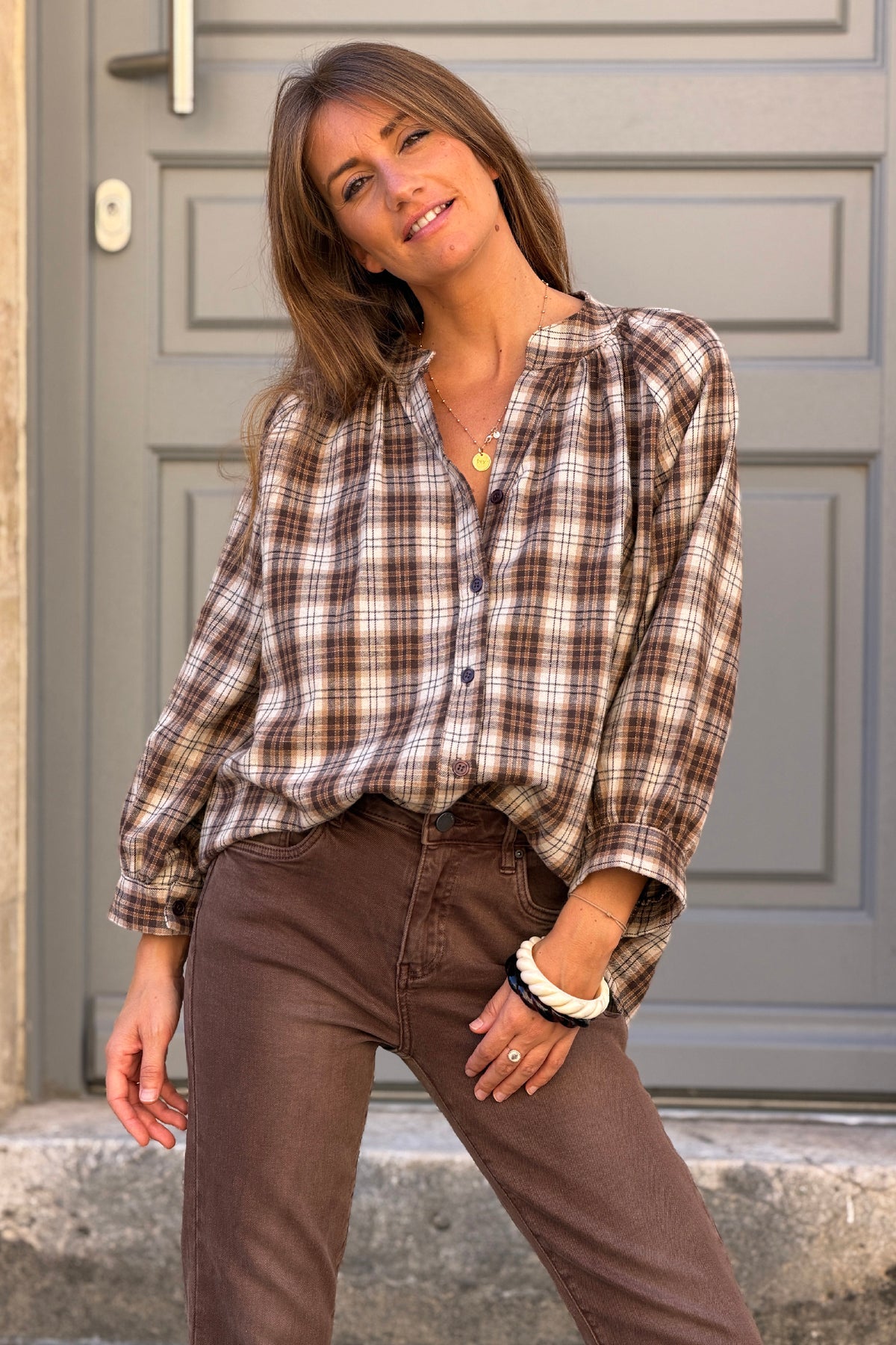 Blouse toucher flanelle doux à carreaux Ecossais beige