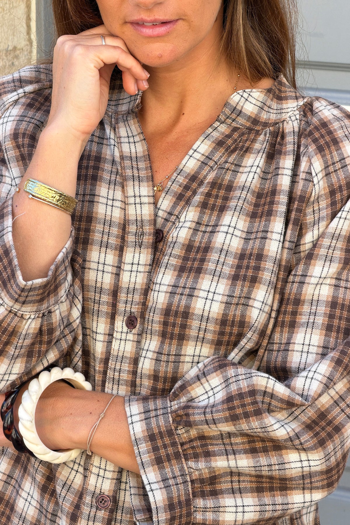 Blouse toucher flanelle doux à carreaux Ecossais beige