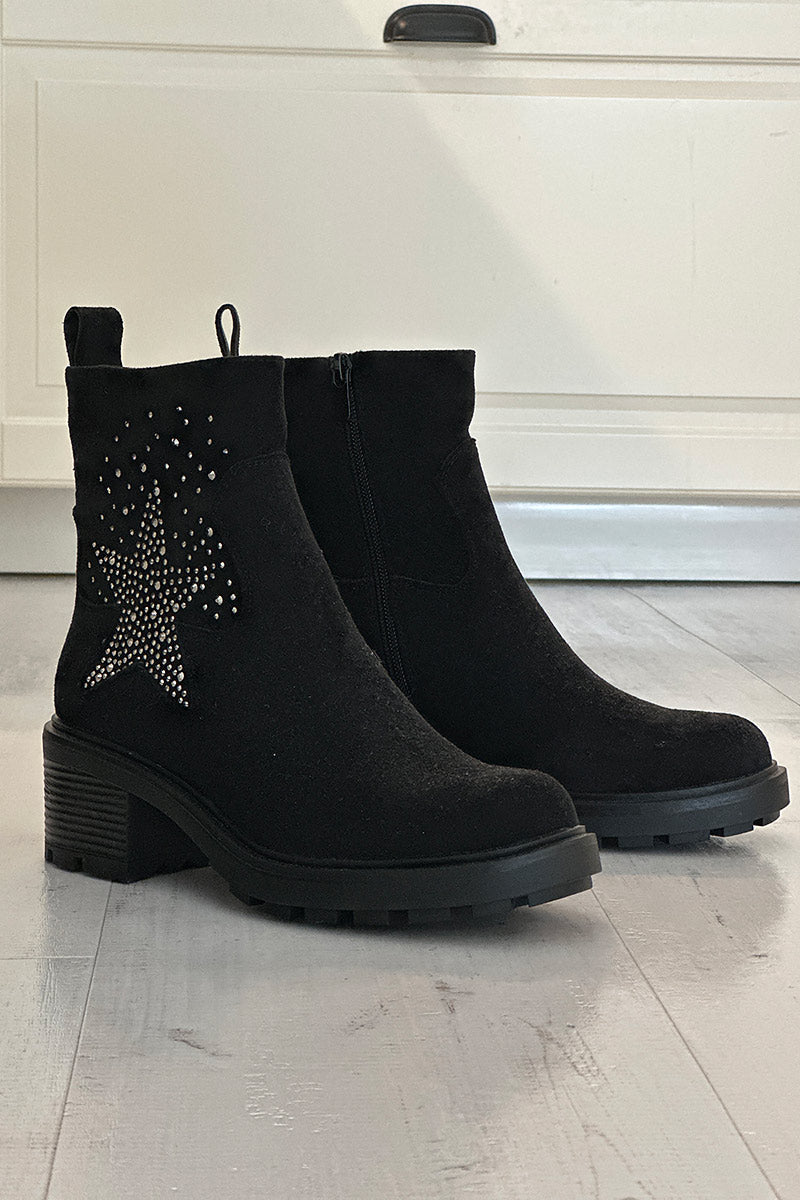 Botines negros con tacón dentado en forma de estrella de pedrería
