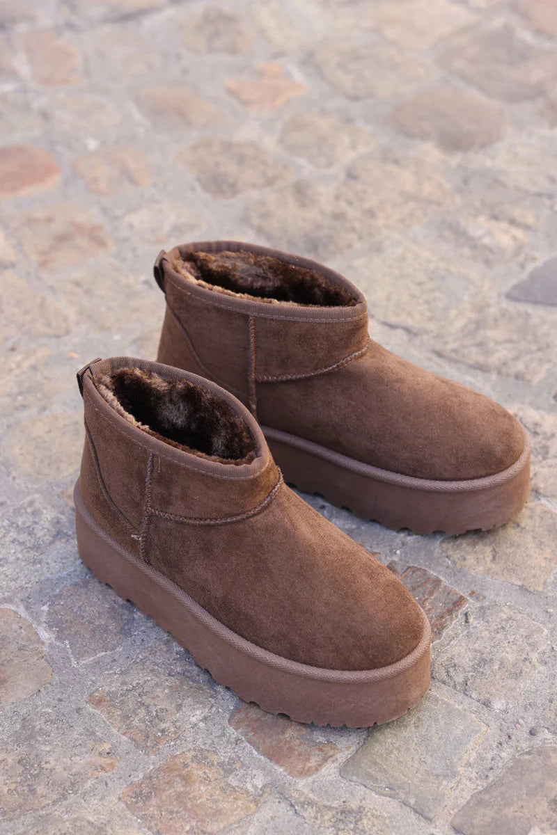 Hannah Brown chocolate Suedette Platform Comfort Mini Boots