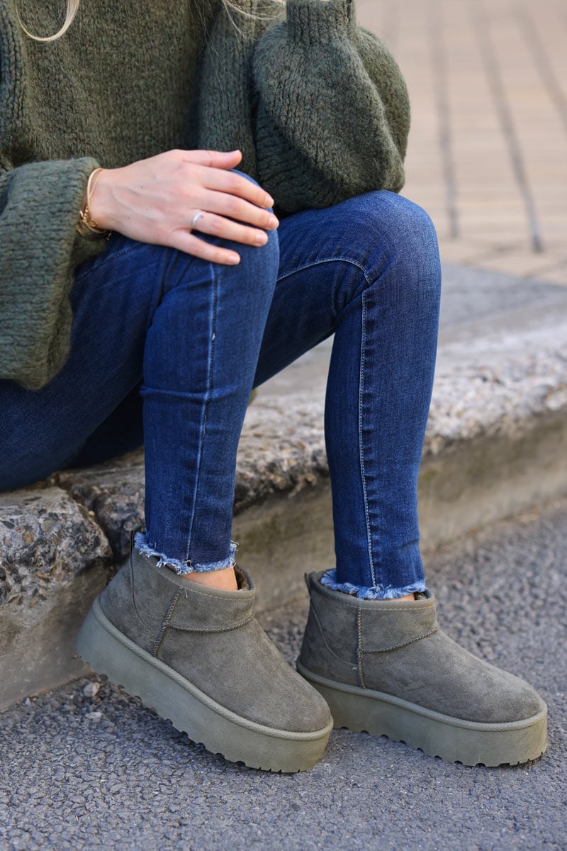 Bottes kaki fourrées basses à plateforme