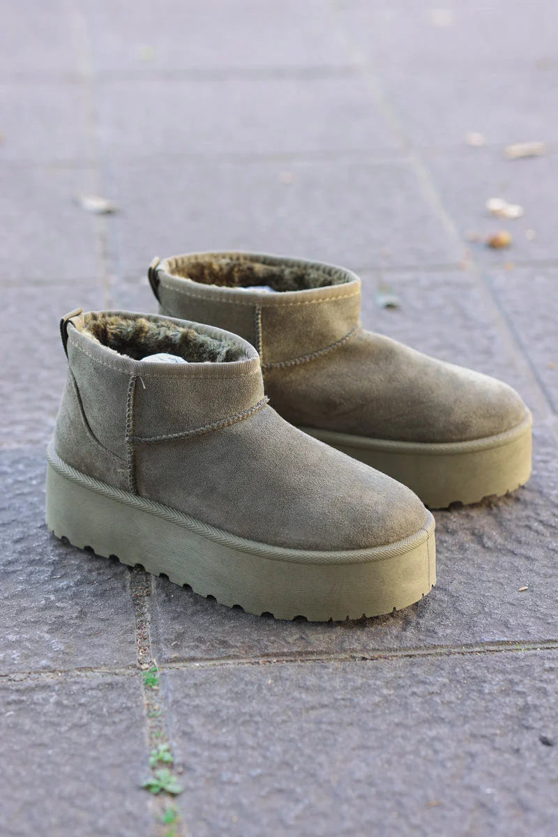 Bottes kaki fourrées basses à plateforme