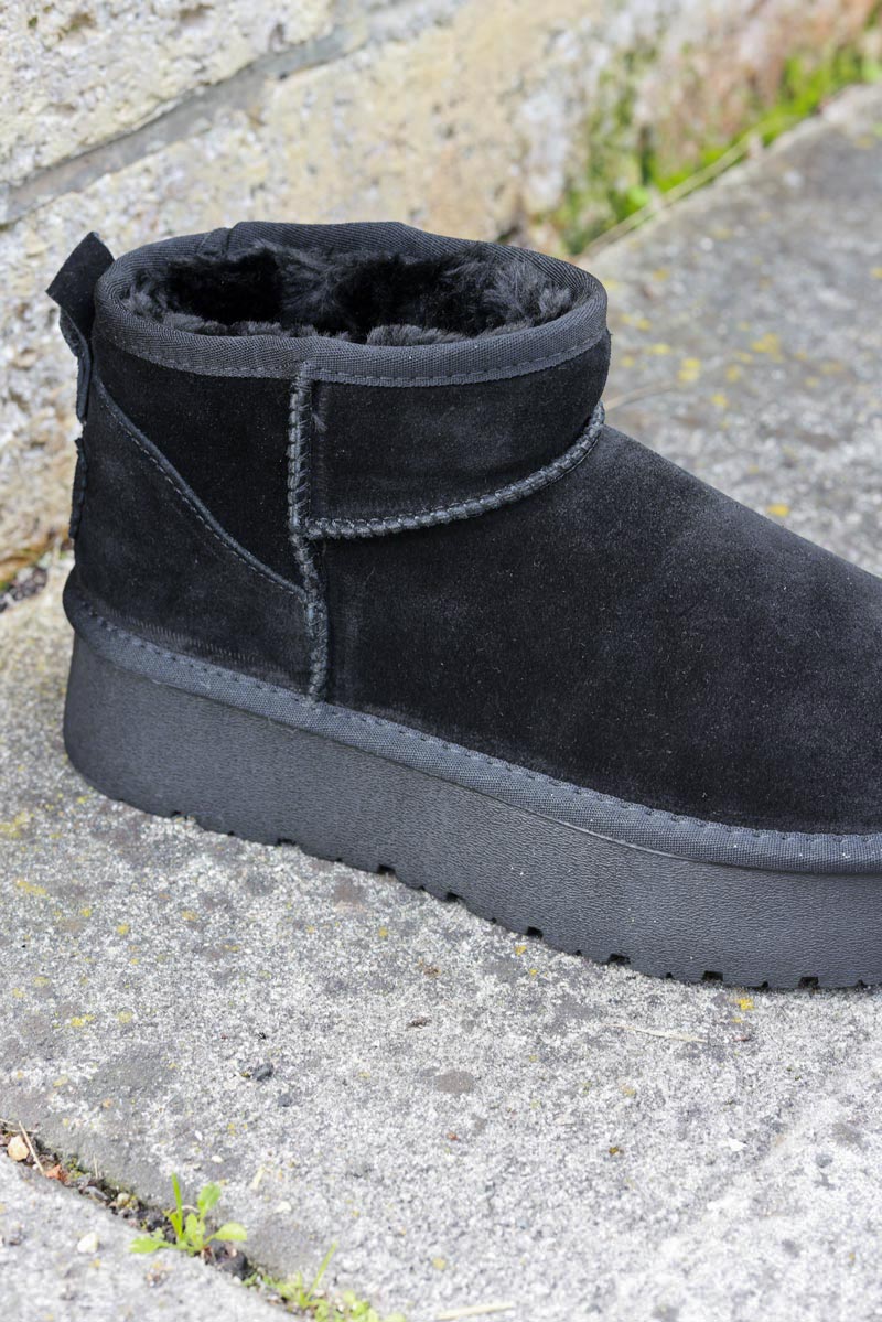 Botas bajas de piel con plataforma forradas en pelo negras