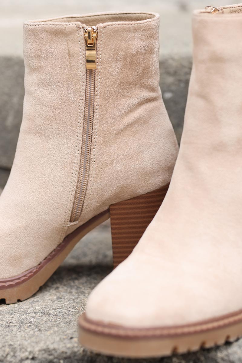 Bottines talons suédine beige bottes ville femme tendance G058