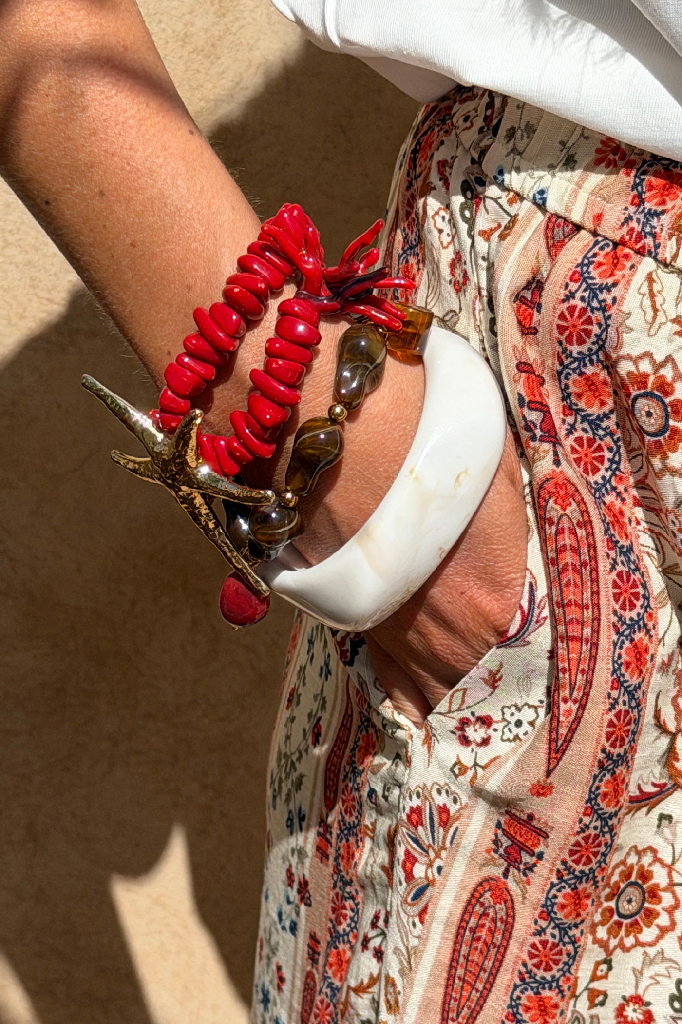 Pink Coral Bead and Gold Starfish Bracelet