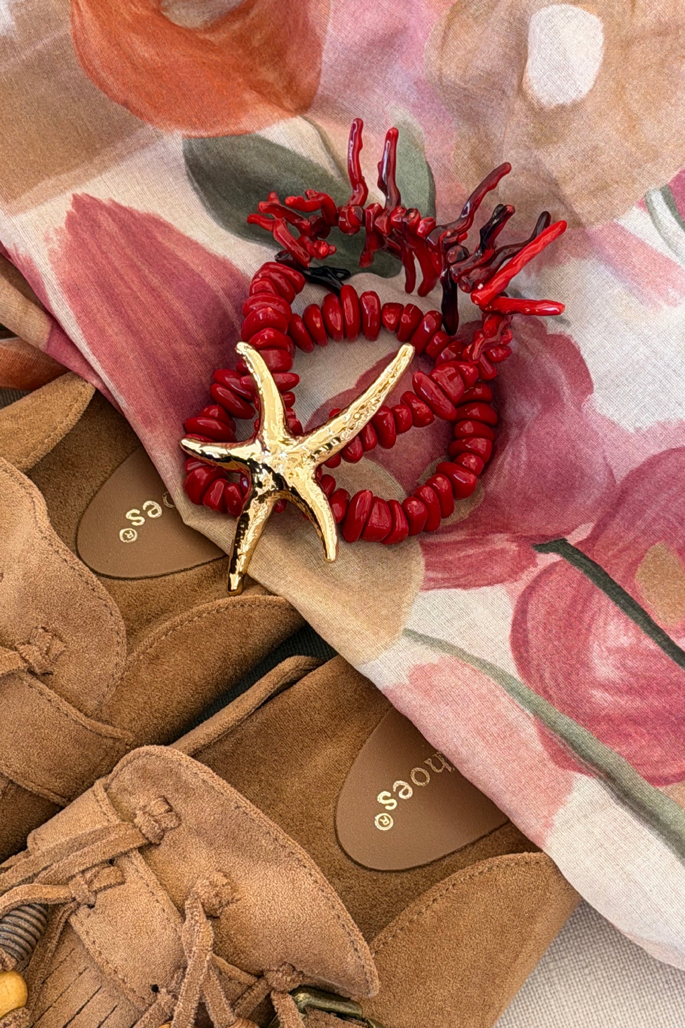 Pink Coral Bead and Gold Starfish Bracelet
