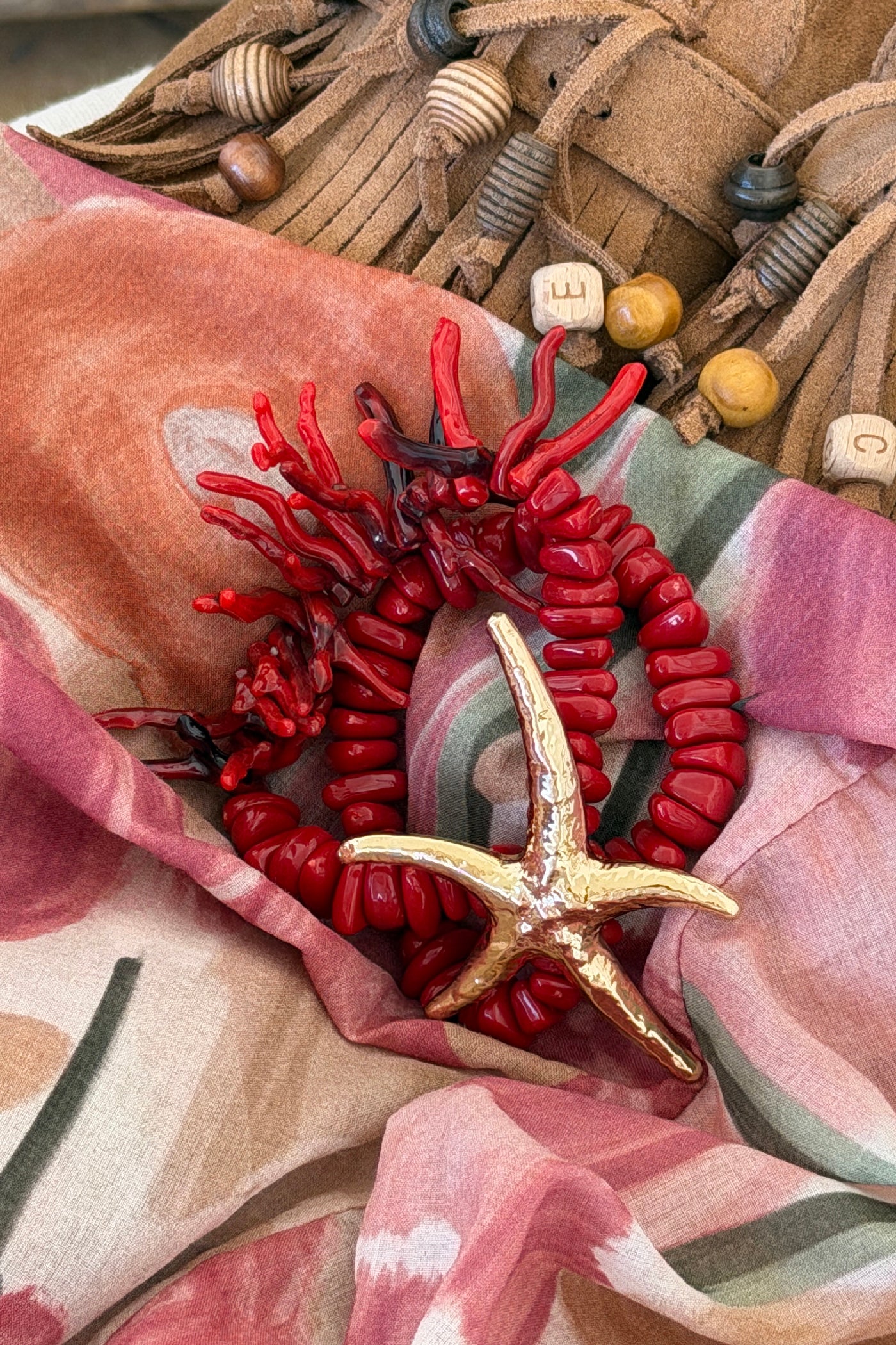 Pink Coral Bead and Gold Starfish Bracelet