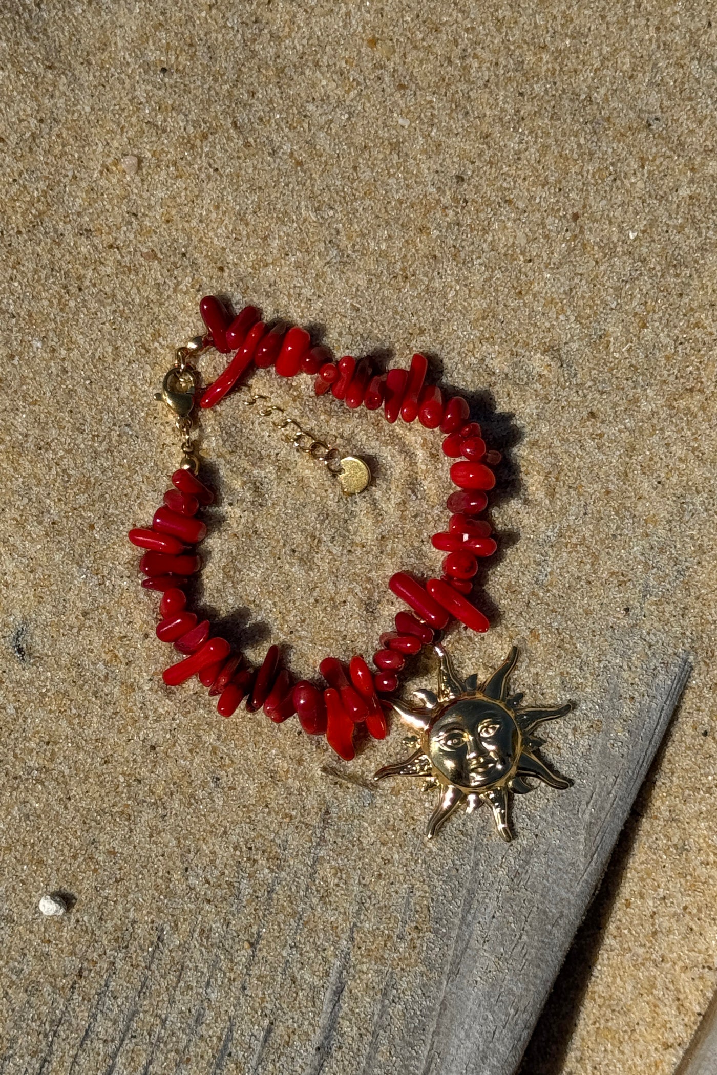 Red Beach Glass Golden Sun Charm Bracelet