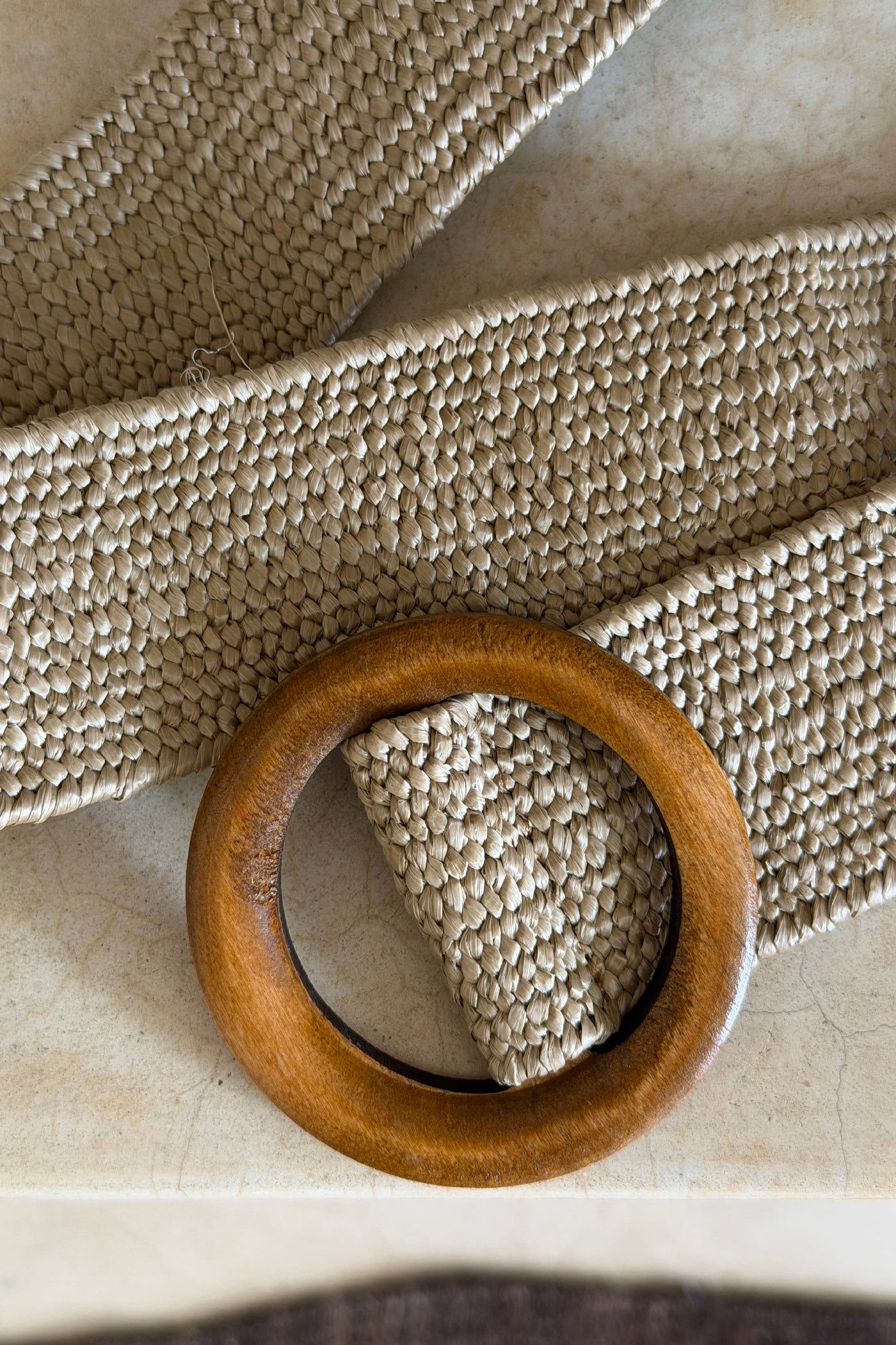 Beige Raffia Wood Buckle Wide Belt
