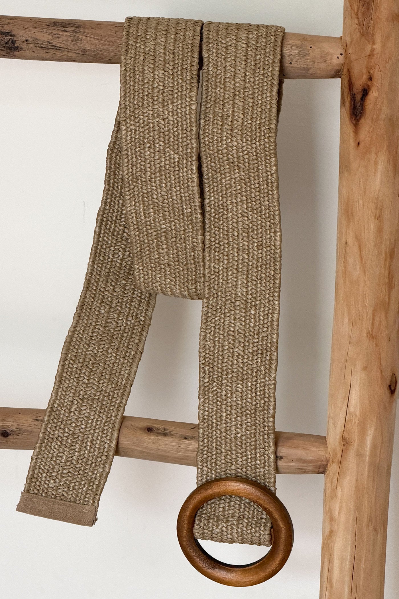 Beige Raffia Wood Buckle Wide Belt
