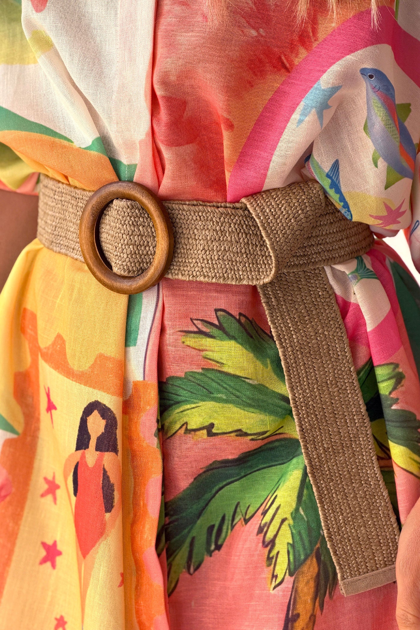 Beige Raffia Wood Buckle Wide Belt
