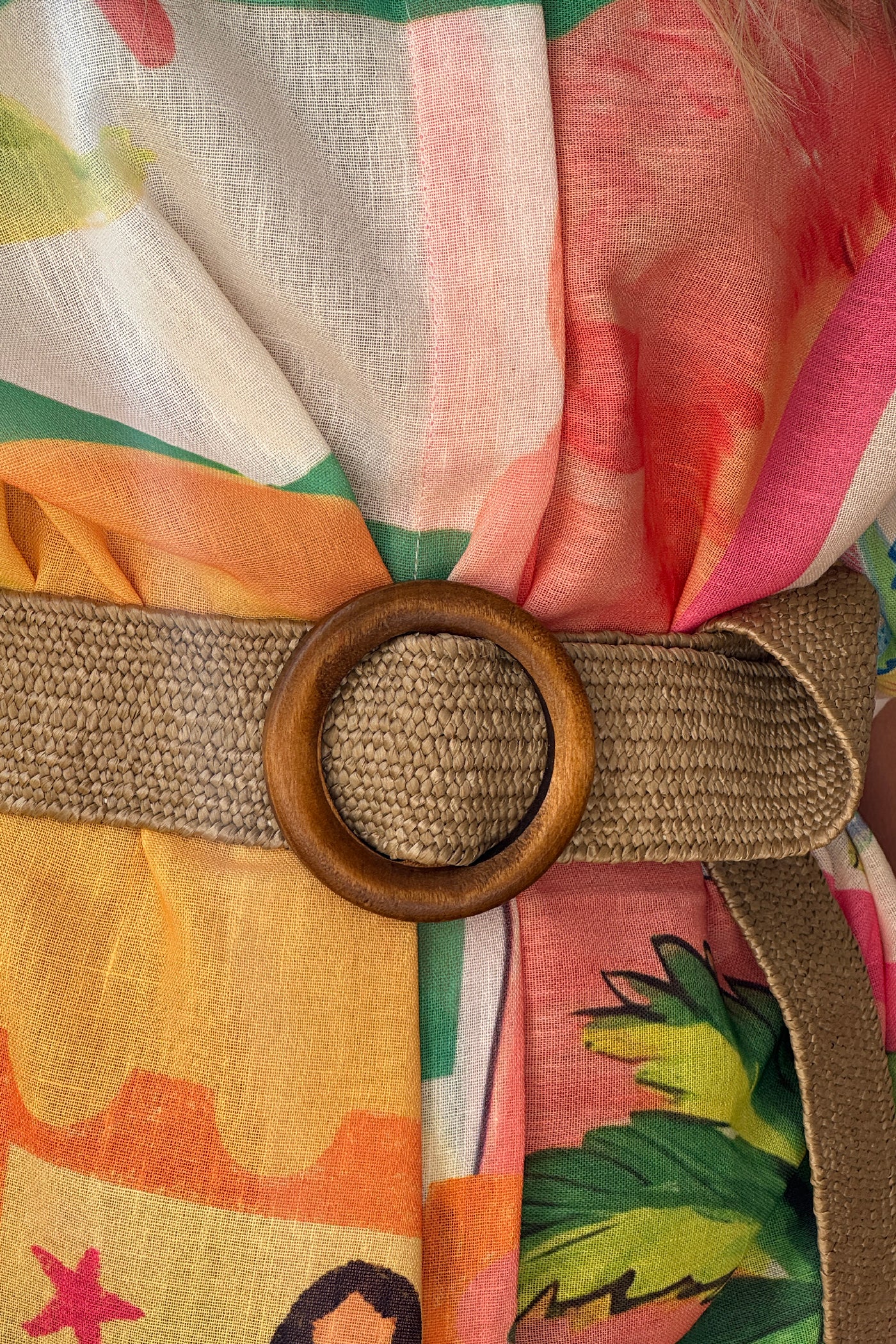Beige Raffia Wood Buckle Wide Belt
