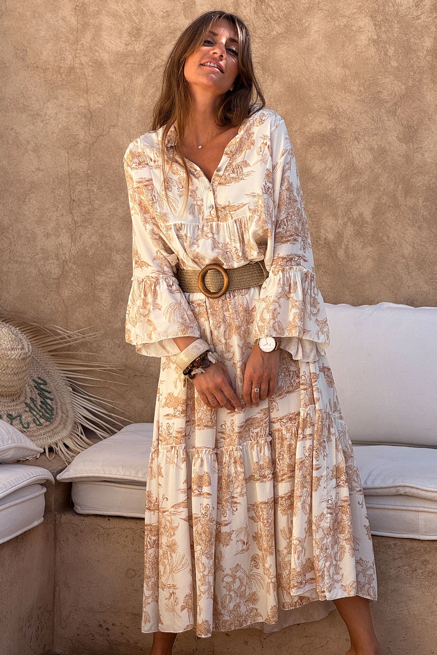 Beige Raffia Wood Buckle Wide Belt
