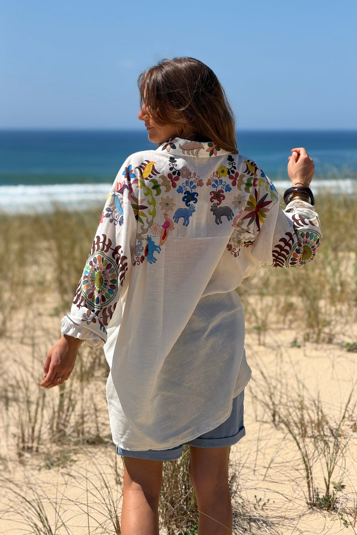 White Folk Art Animal Parade Button-Down Blouse
